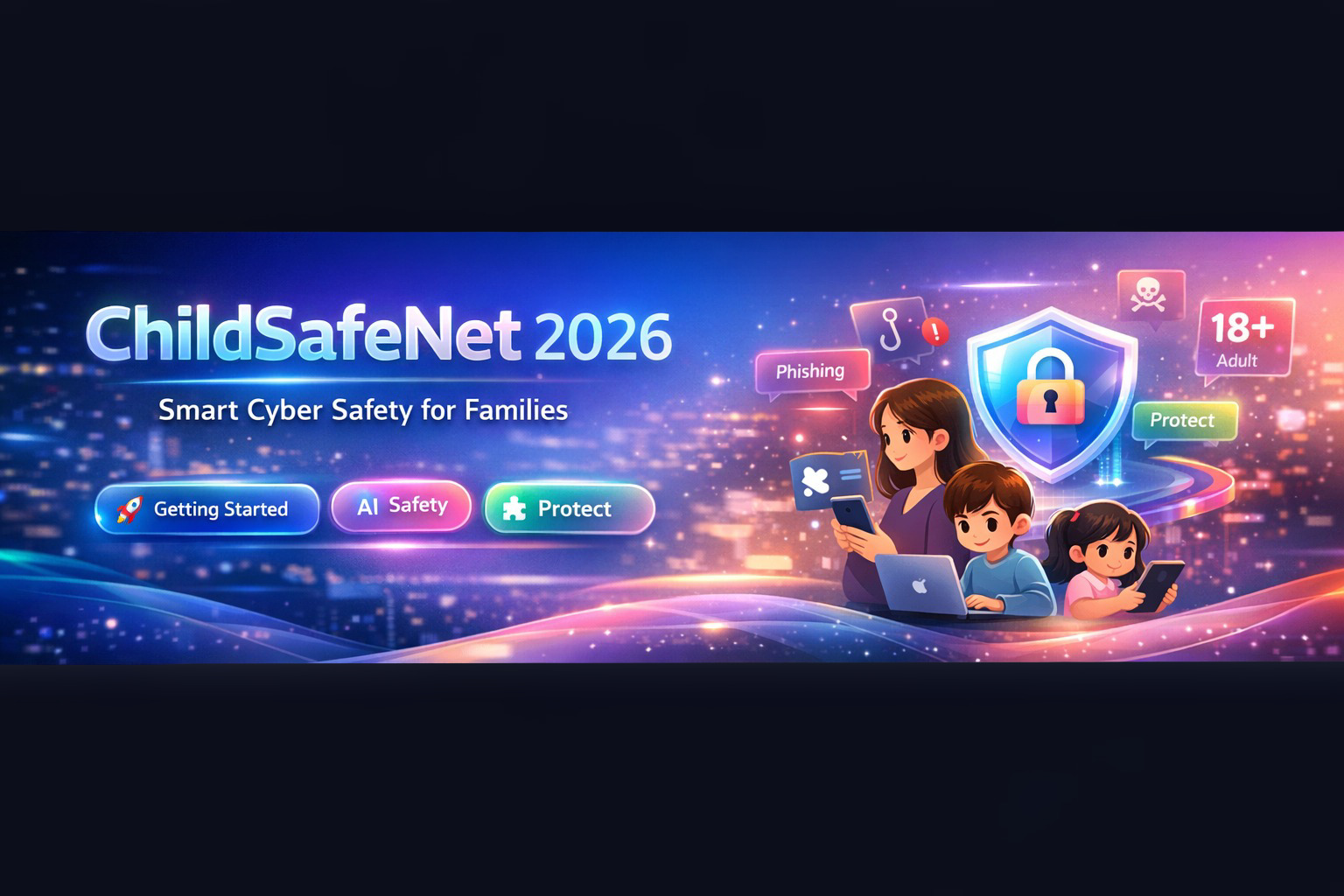ChildSafeNet main banner illustrating the AI-powered safety system for children