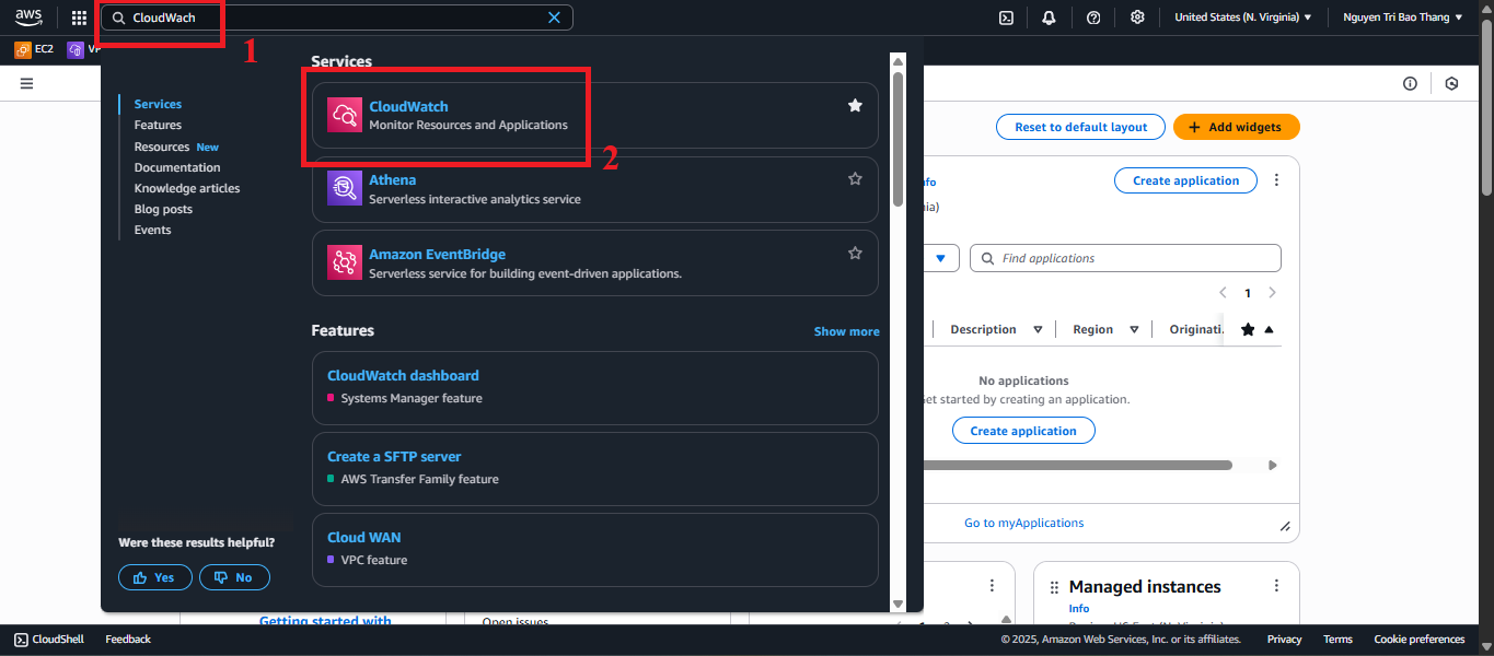 AWS Console interface with CloudWatch search bar.