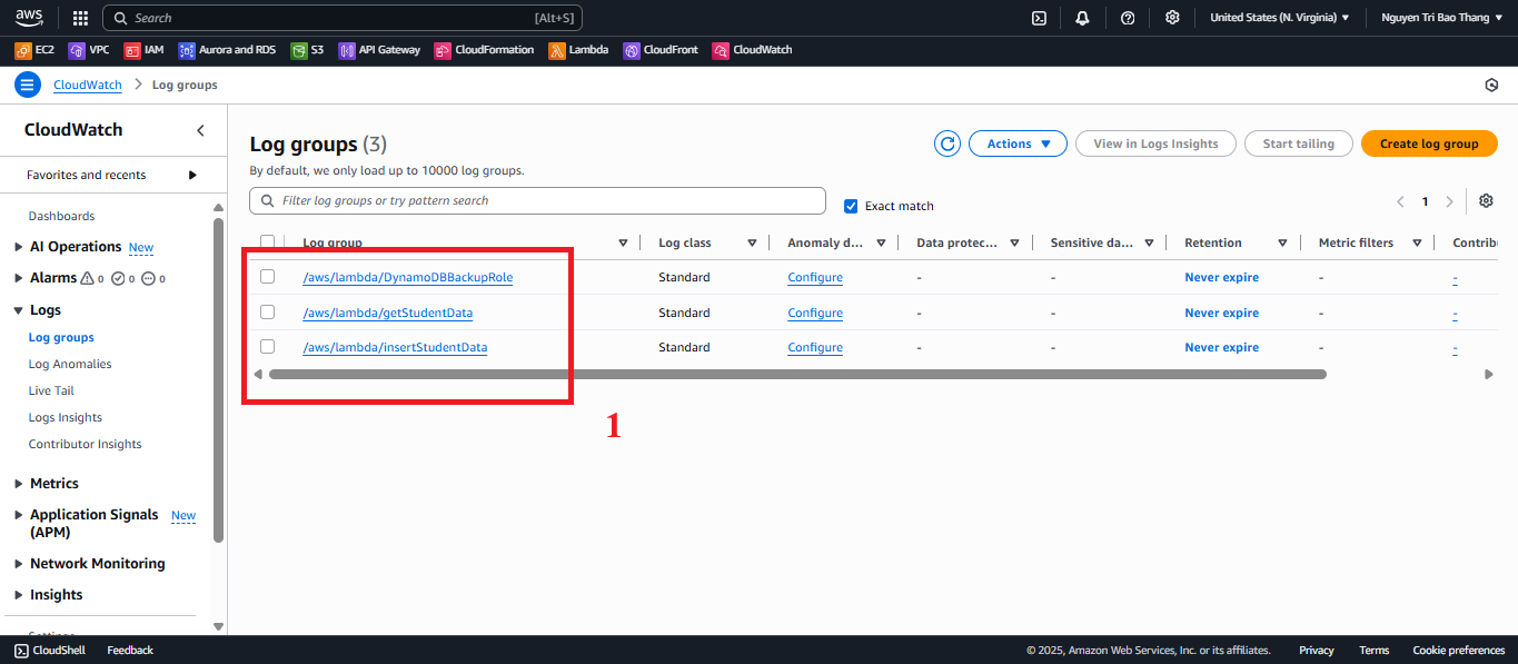 insertStudentData Log Group interface.