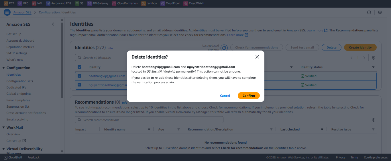 Delete SES identities.