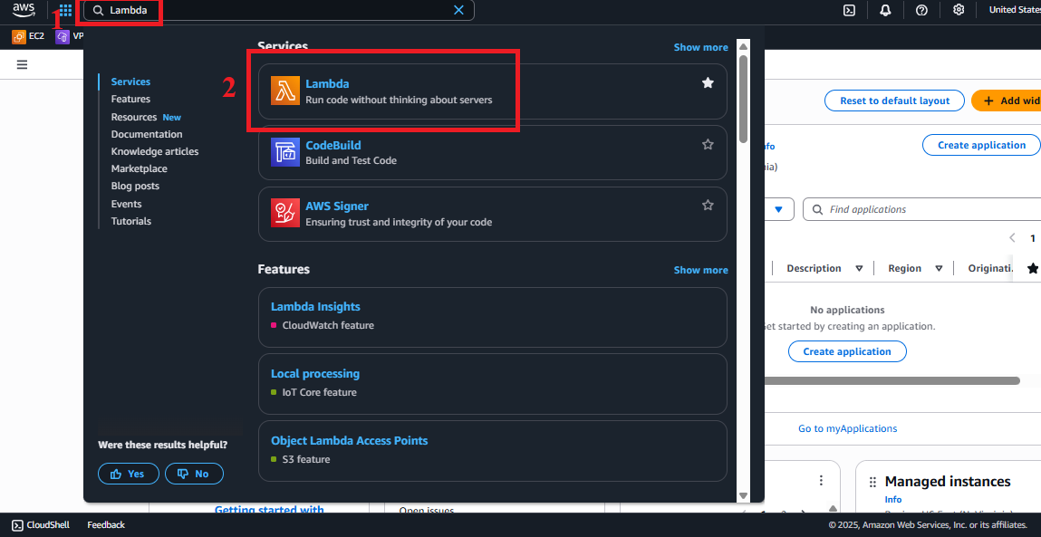 AWS Console with Lambda Search Bar