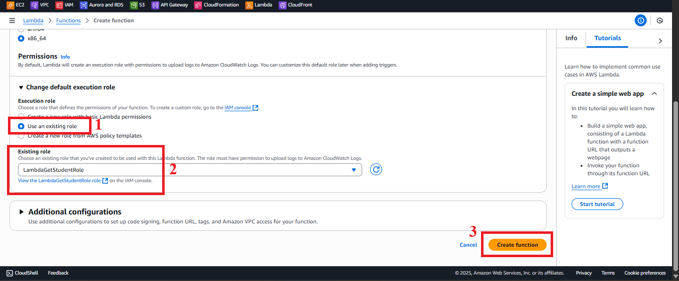 Select LambdaGetStudentRole and Create Function