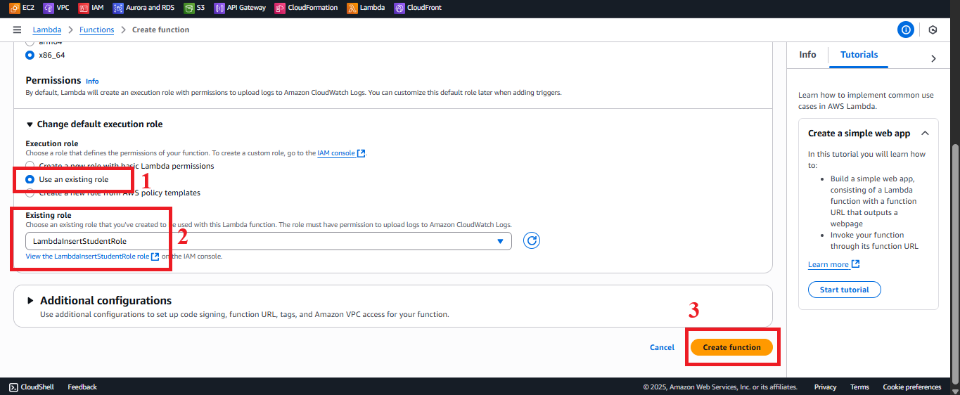 Select LambdaInsertStudentRole and Create Function