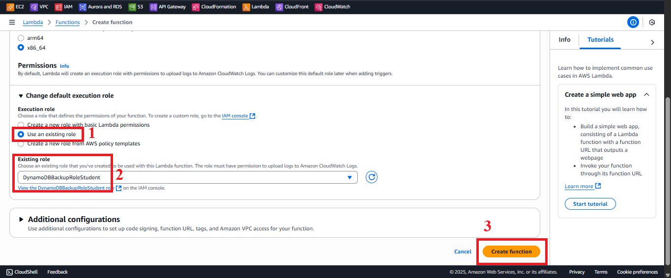 Select DynamoDBBackupRole and click Create function