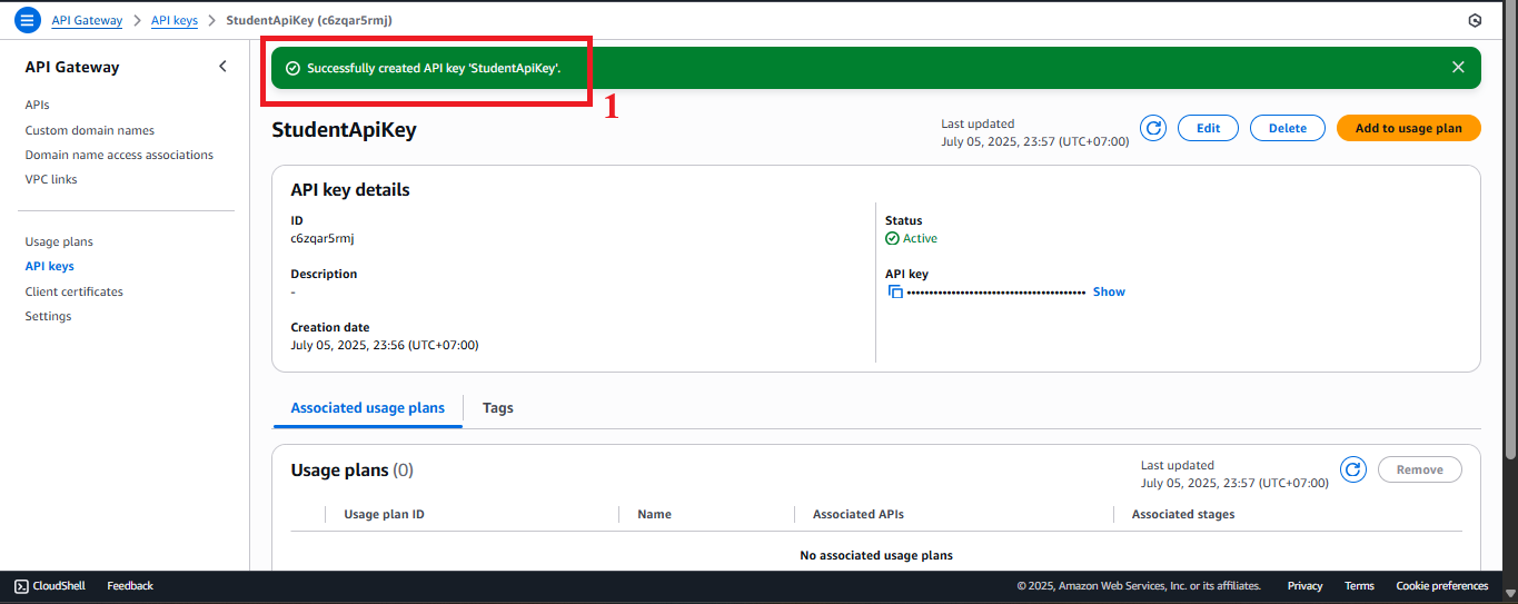 Success Message and API Key Details