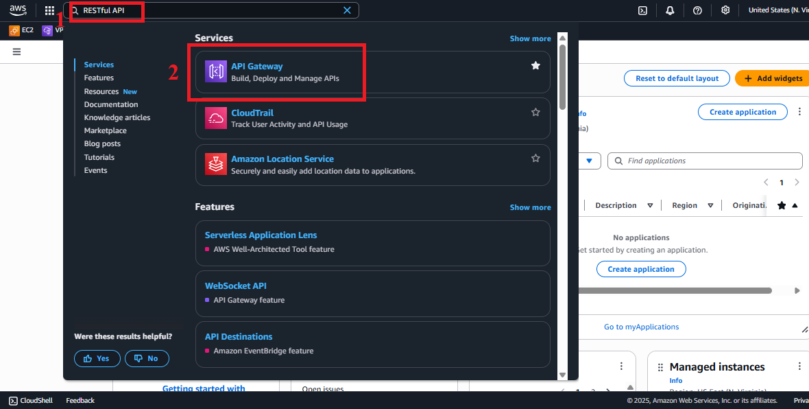 AWS Console Interface with API Gateway Search Bar