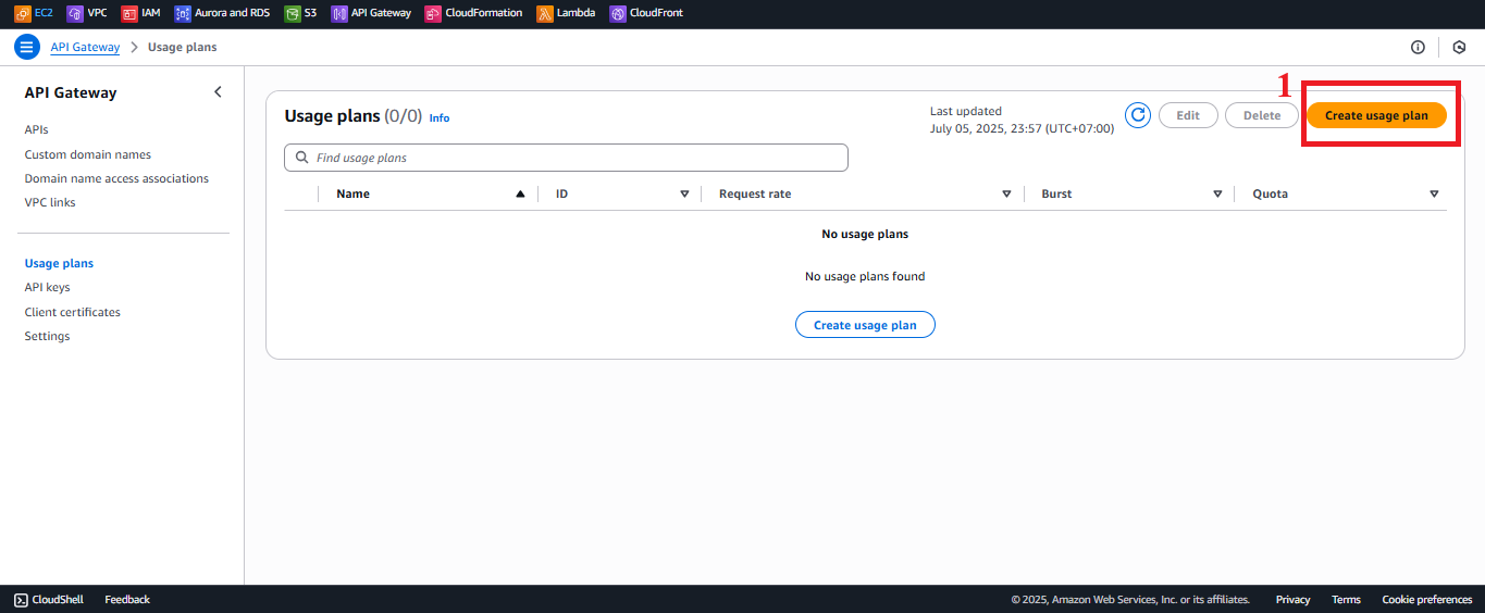 Create Button in the Usage Plans Interface