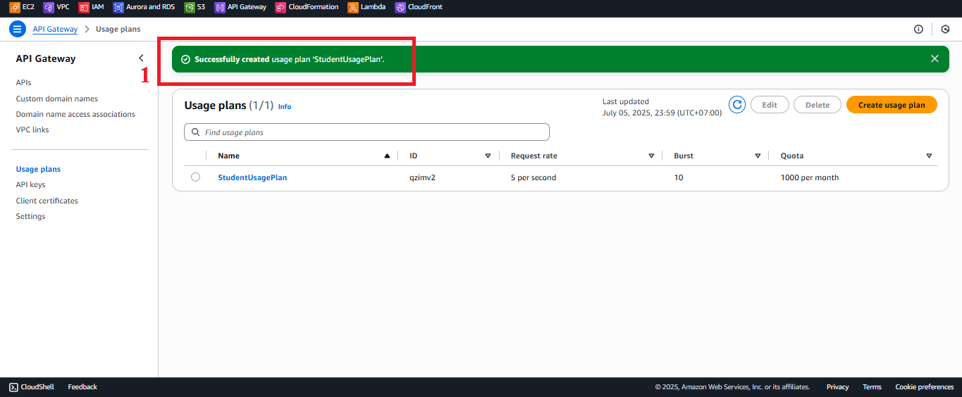 Usage Plan Details Page After Creation