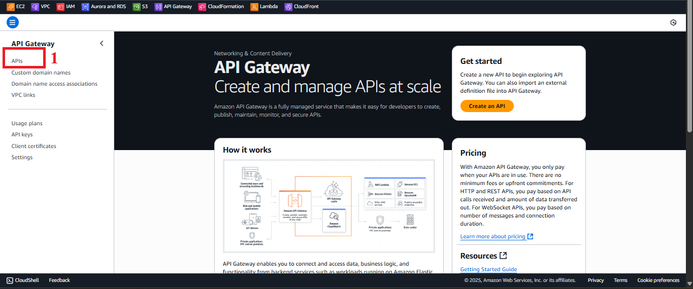 Navigation menu with APIs option.