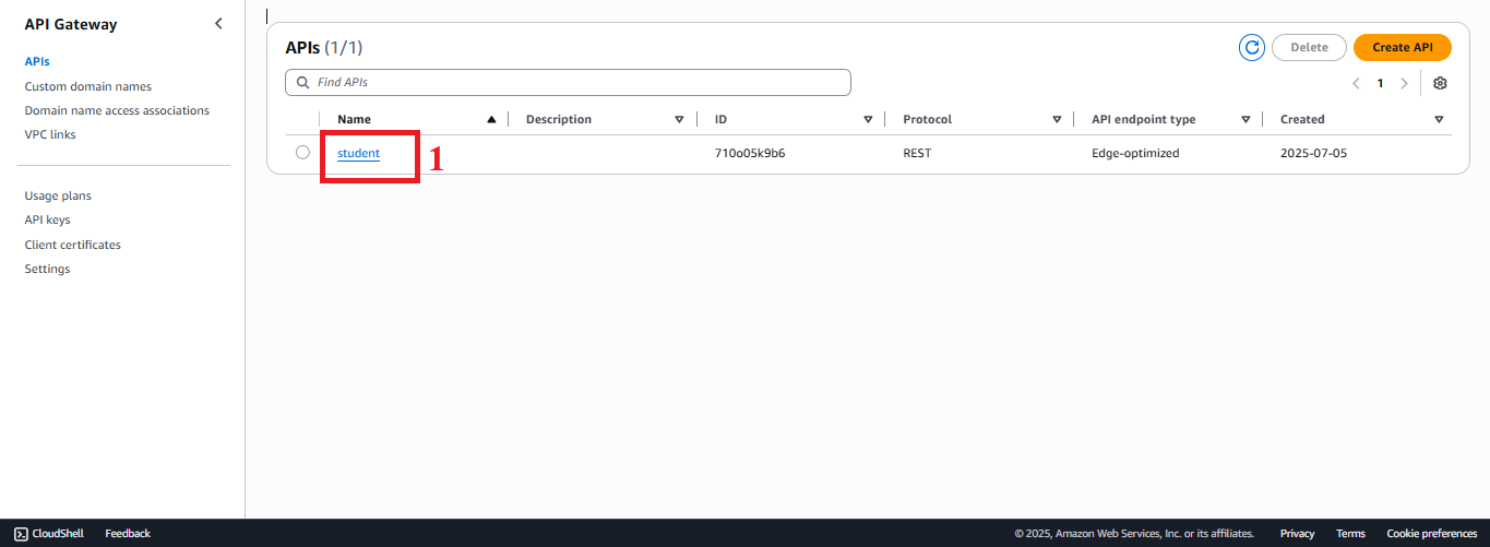 Student API management page with Resources option.