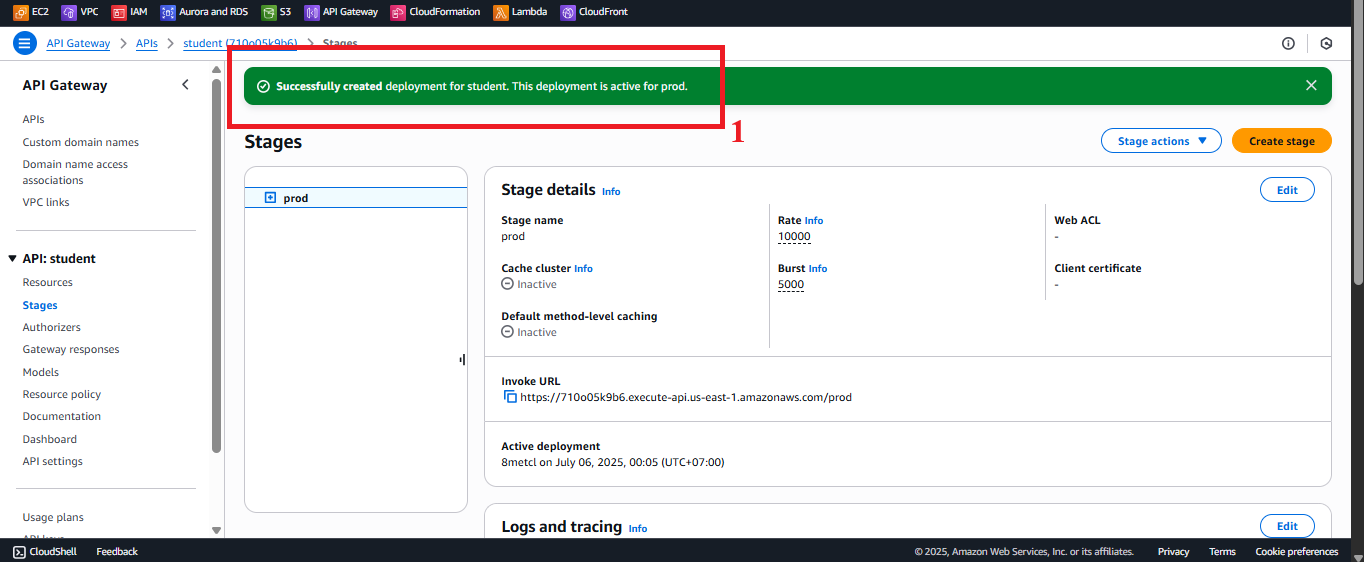 Deployment status message and prod stage details.