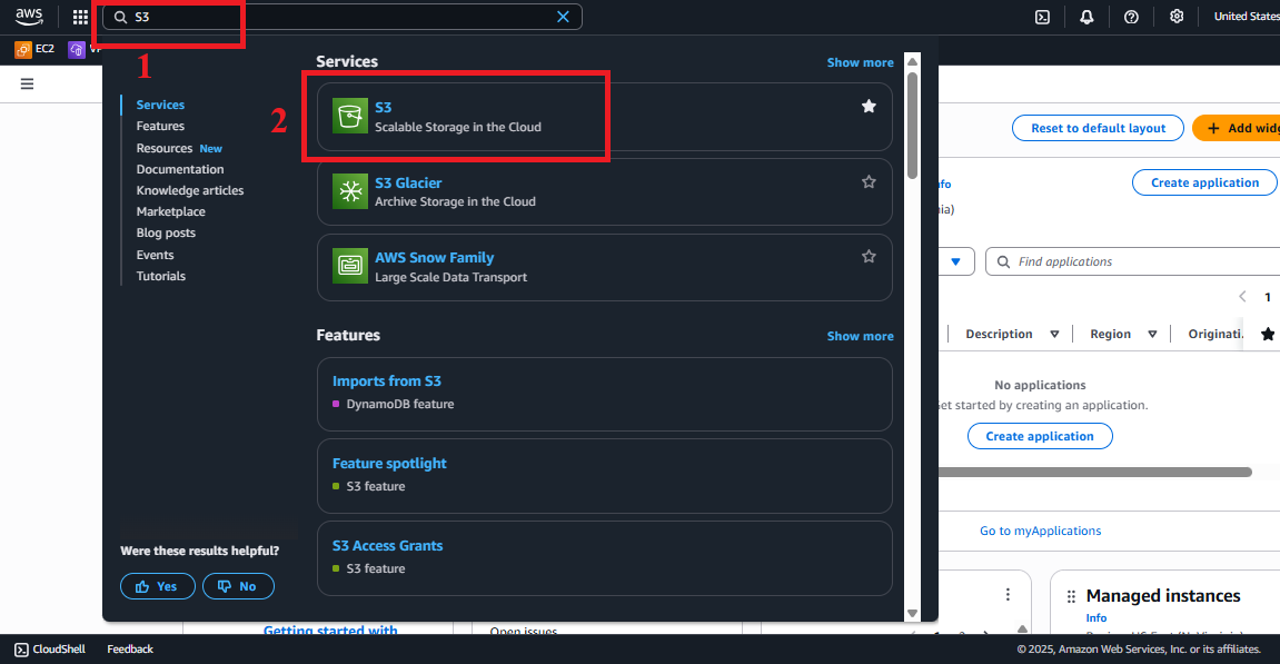 AWS Console Interface with S3 Search Bar