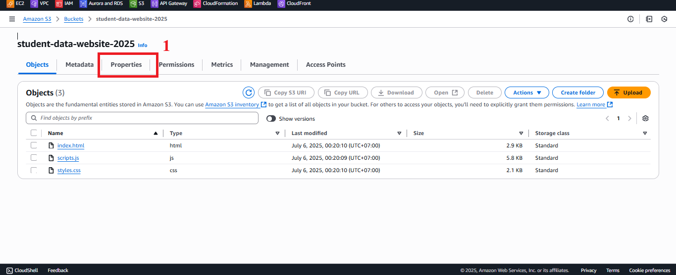 Properties Tab and Static Website Hosting Section