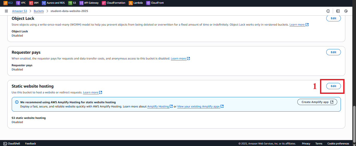 Click Edit in Static Website Hosting