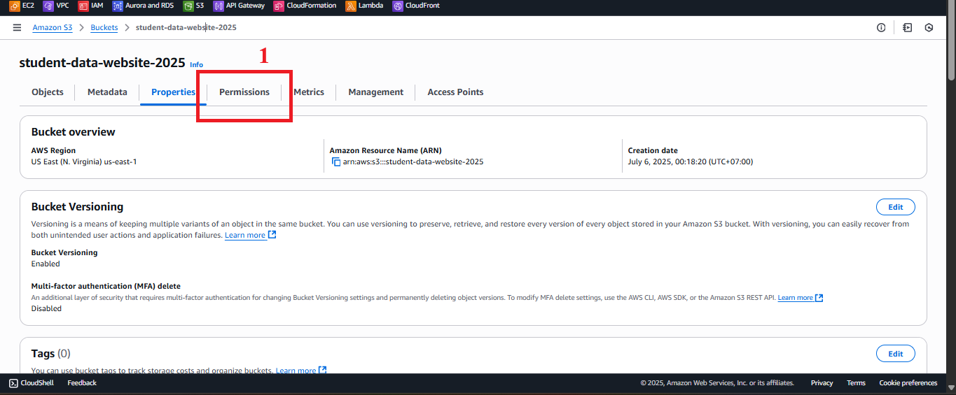 Permissions Tab and Bucket Policy Section
