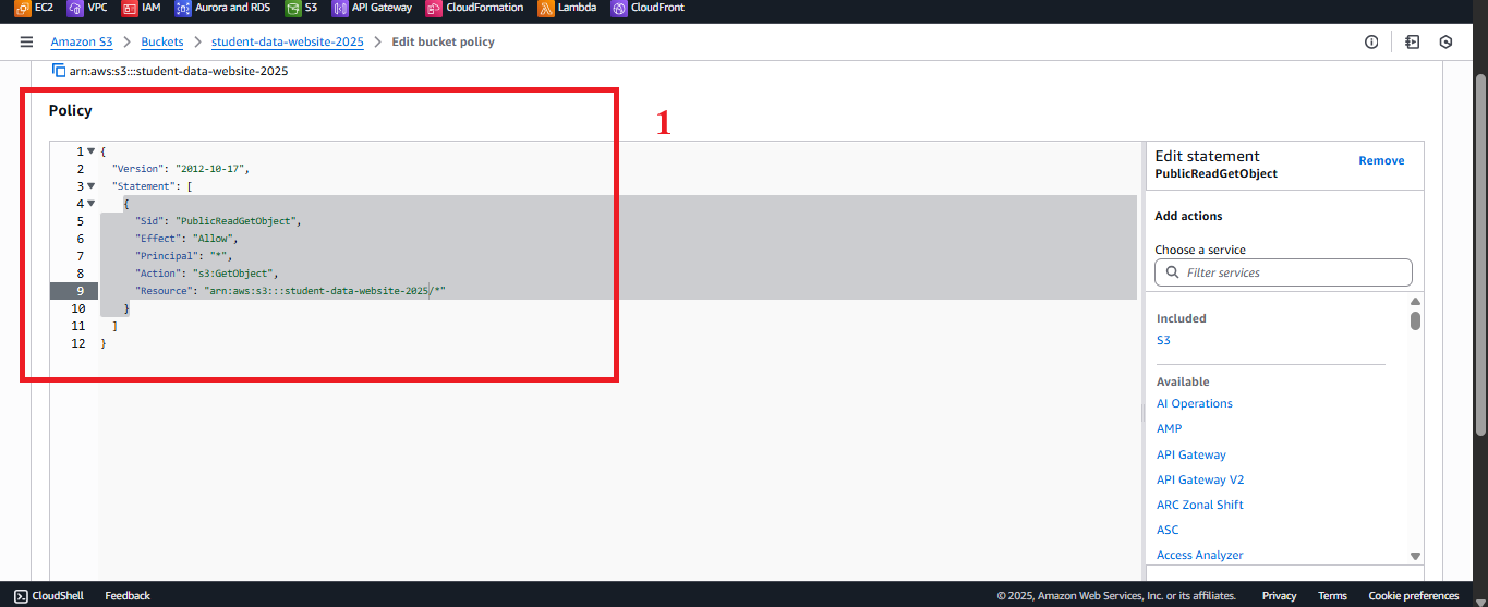 Click Edit in Bucket Policy