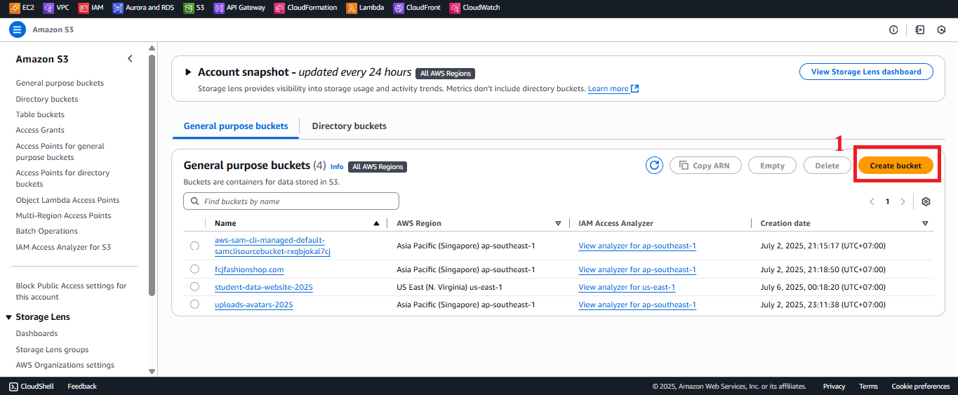Create bucket button in S3 interface.