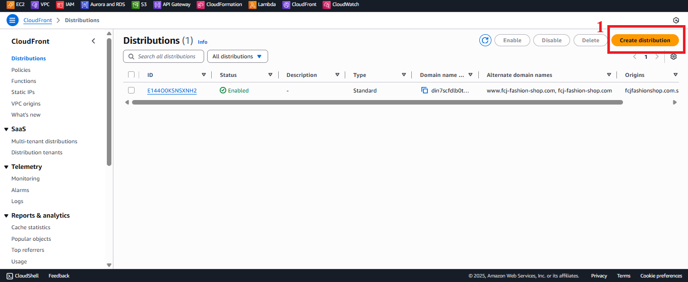 Create Distribution Button in CloudFront
