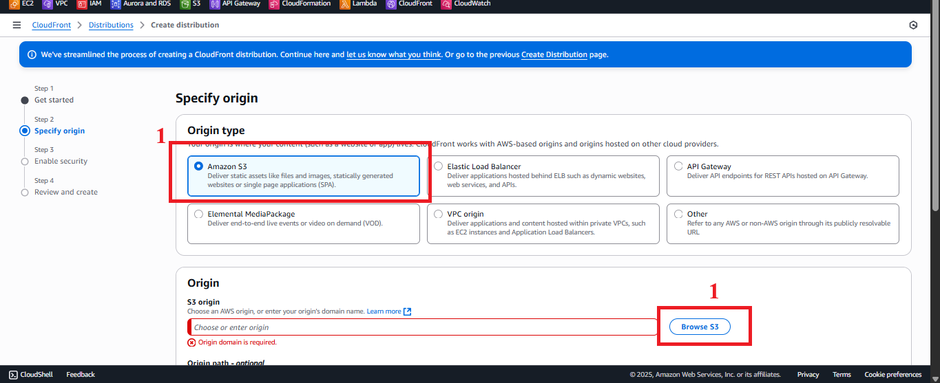 Select Origin Type Amazon S3