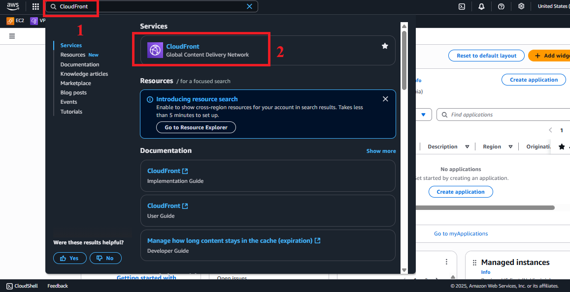 AWS Console Interface with CloudFront Search Bar