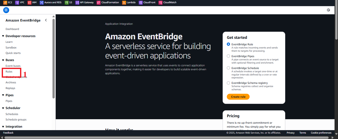 Create rule button in EventBridge interface.