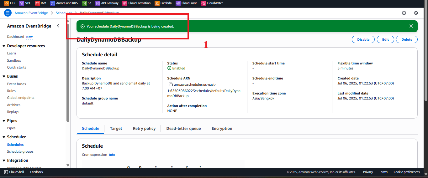 Status notification after rule creation.
