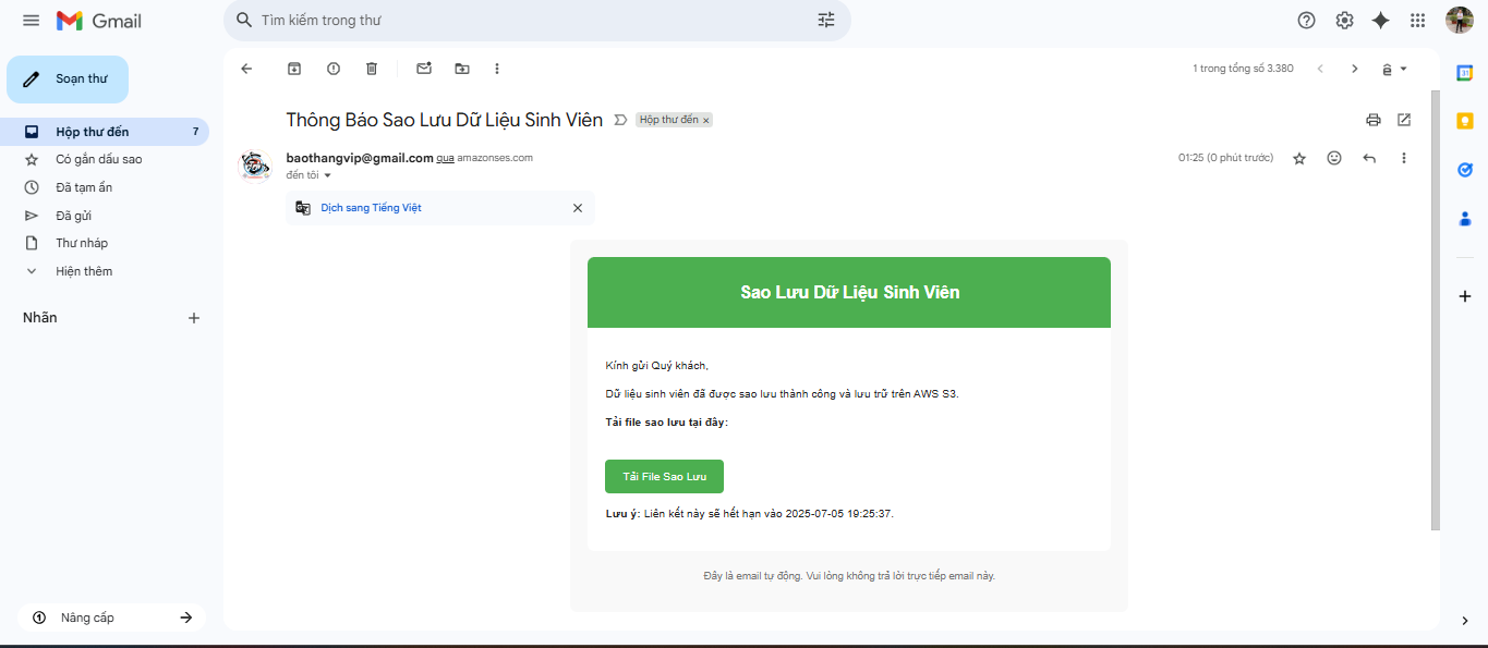 Backup notification email.